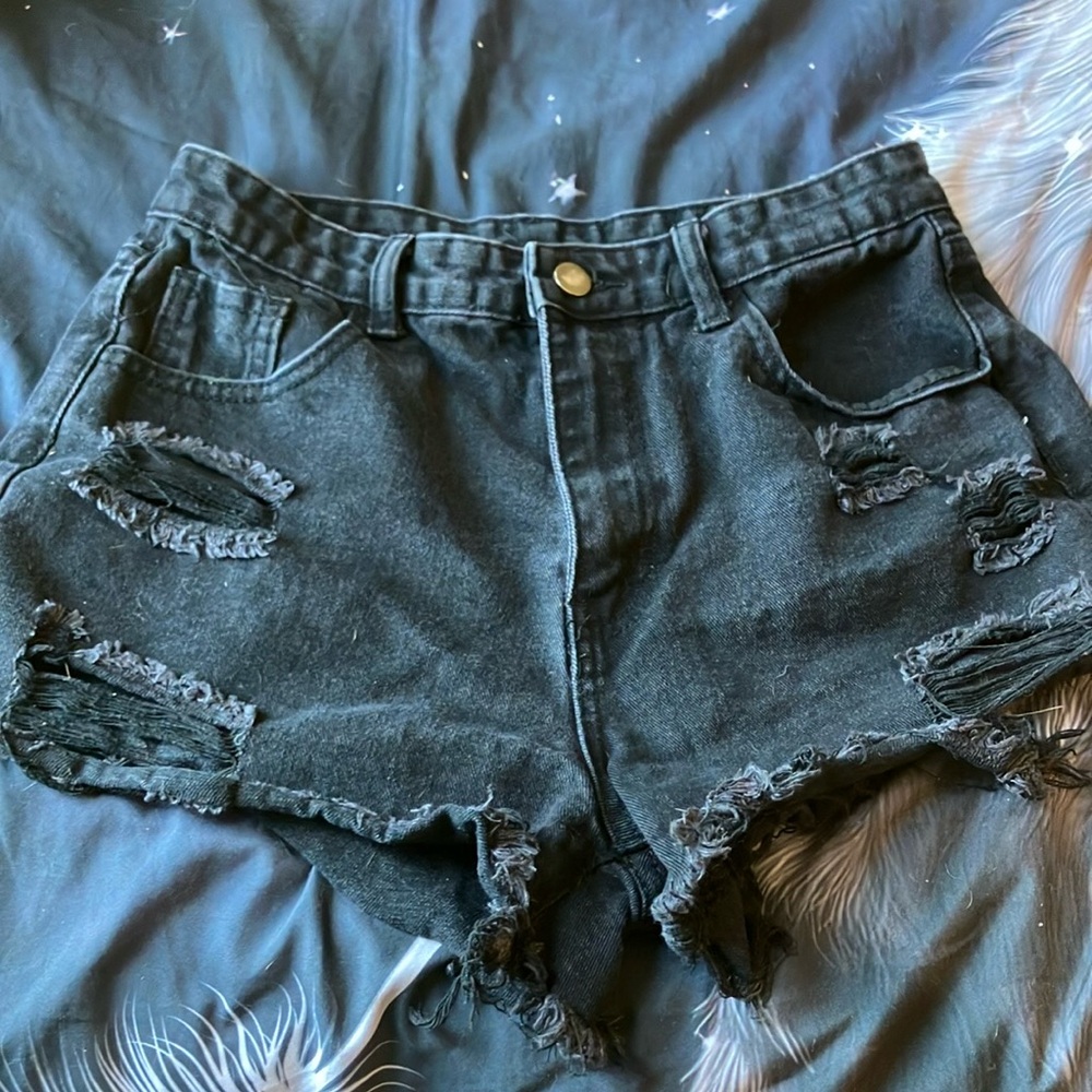 Distressed Black Denim Shorts